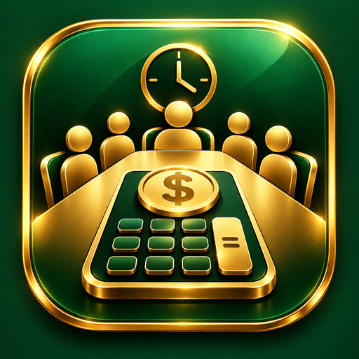 The Sunk Cost app icon: a gold boardroom table and calculator on deep green, with a clock above it.